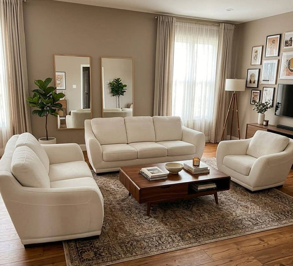 Cream 3+2+1 seater sofa set in living room