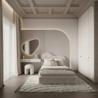 Curved Headboard Luxury Bed with Wall Panel & Dressing Table